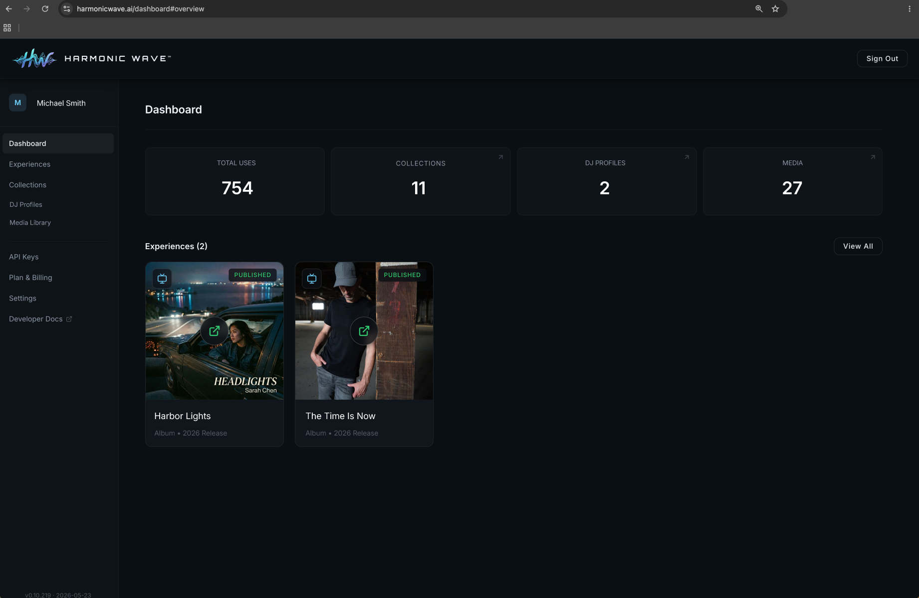 Harmonic Wave label dashboard showing Sarah Chen's Harbor Lights release with experiences, collections, and Hosts.